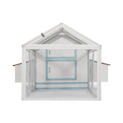 96-Inch outdoor fir wood chicken coop with nesting box and run, white frame and wire mesh on Tampa Home & Garden Store