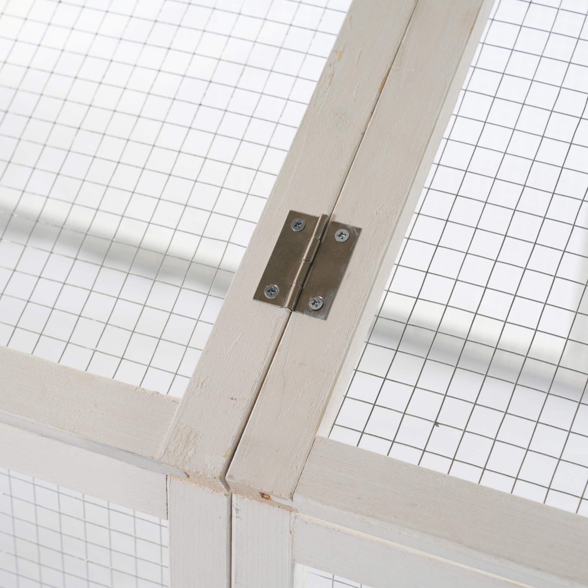 96-Inch outdoor fir wood chicken coop hinge detail with metal plate and screws on Tampa Home & Garden Store