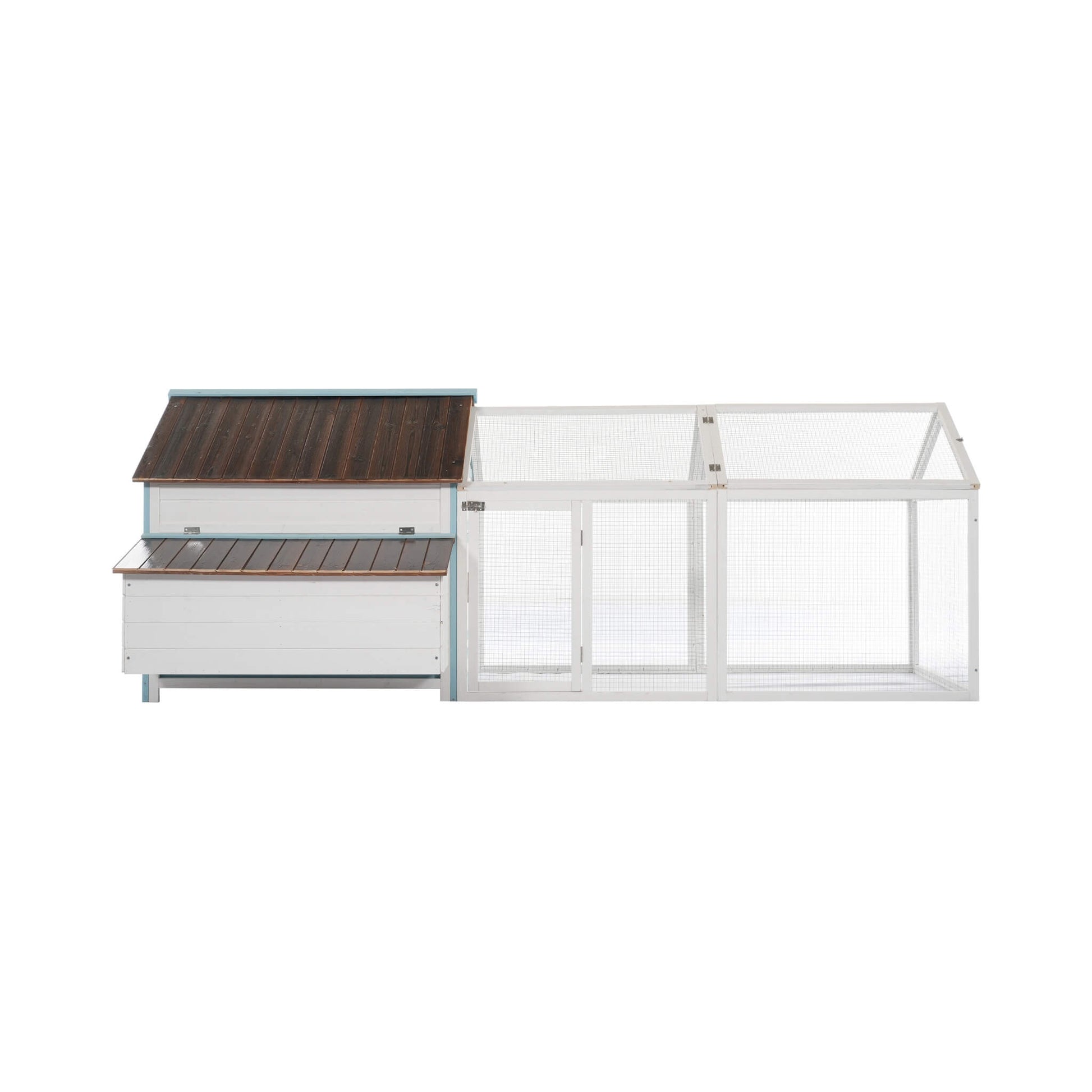 96-Inch outdoor fir wood chicken coop with nesting box and run, white frame brown roof on Tampa Home & Garden Store