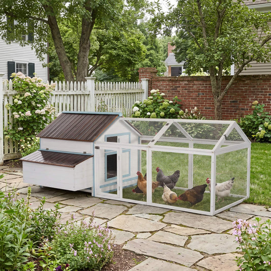 96-Inch fir wood chicken coop with nesting box and run, with blue trim, chickens in enclosure on Tampa Home & Garden Store