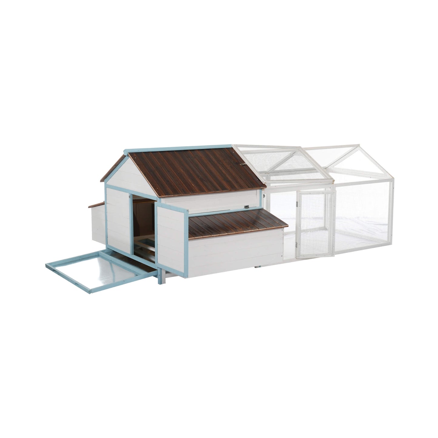 96-Inch outdoor fir wood chicken coop with nesting box and mesh-run, white with blue trim on Tampa Home & Garden Store