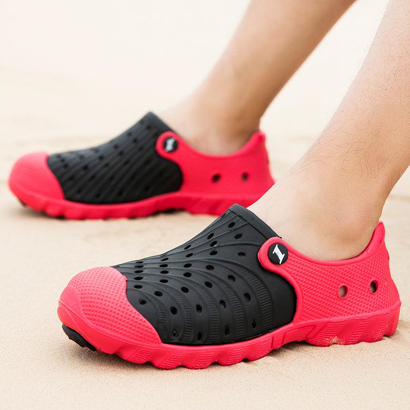 Outdoor Men Sandals Stevvex pair black upper red sole beach clogs on Tampa Home & Garden Store