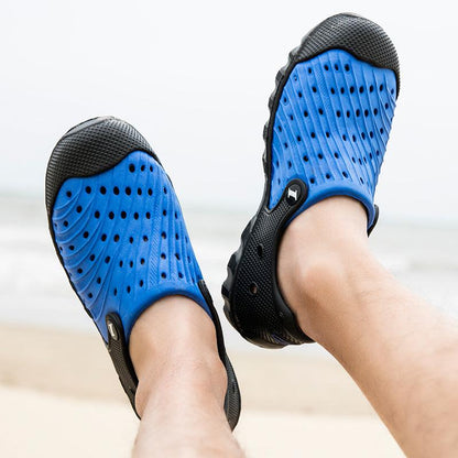 Stevvex outdoor men sandals blue breathable perforated rubber clogs with black soles pair on Tampa Home & Garden Store