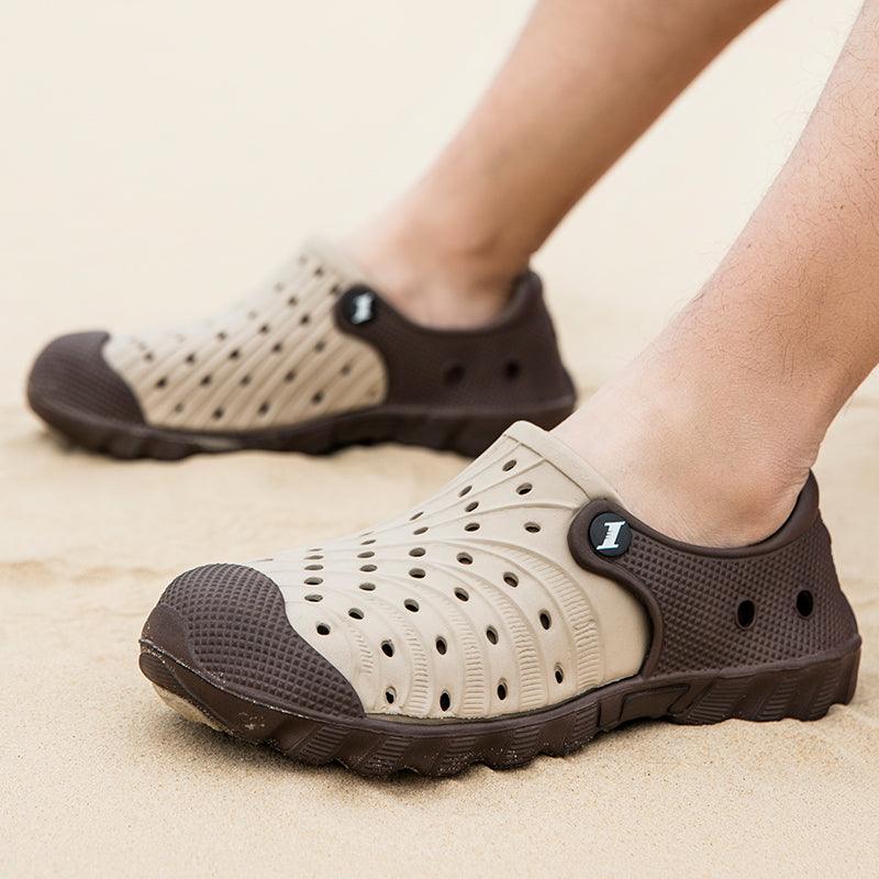 Stevvex outdoor men sandals pair beige breathable perforated upper brown rubber sole on Tampa Home & Garden Store