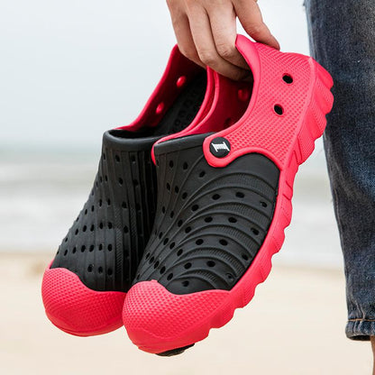 Stevvex sandals, black and red perforated rubber clogs, quick-dry beach sandals pair on Tampa Home & Garden Store