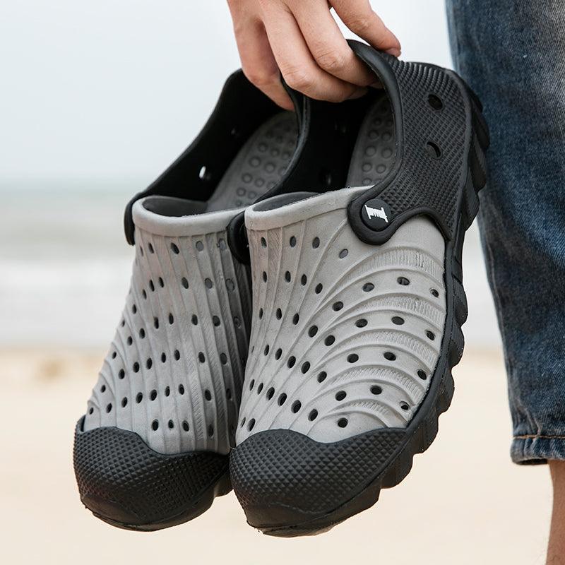 Stevvex outdoor sandals, gray perforated rubber clogs with black toe caps, breathable quick-dry on Tampa Home & Garden Store