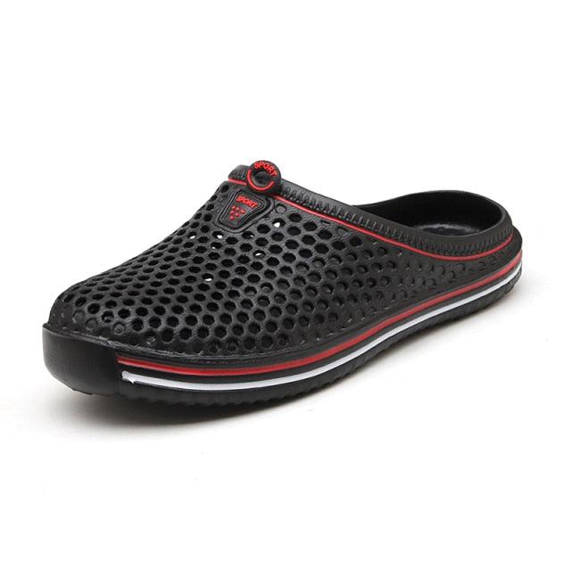 Stevvex outdoor men sandals black perforated rubber clogs with red trim sole on Tampa Home & Garden Store