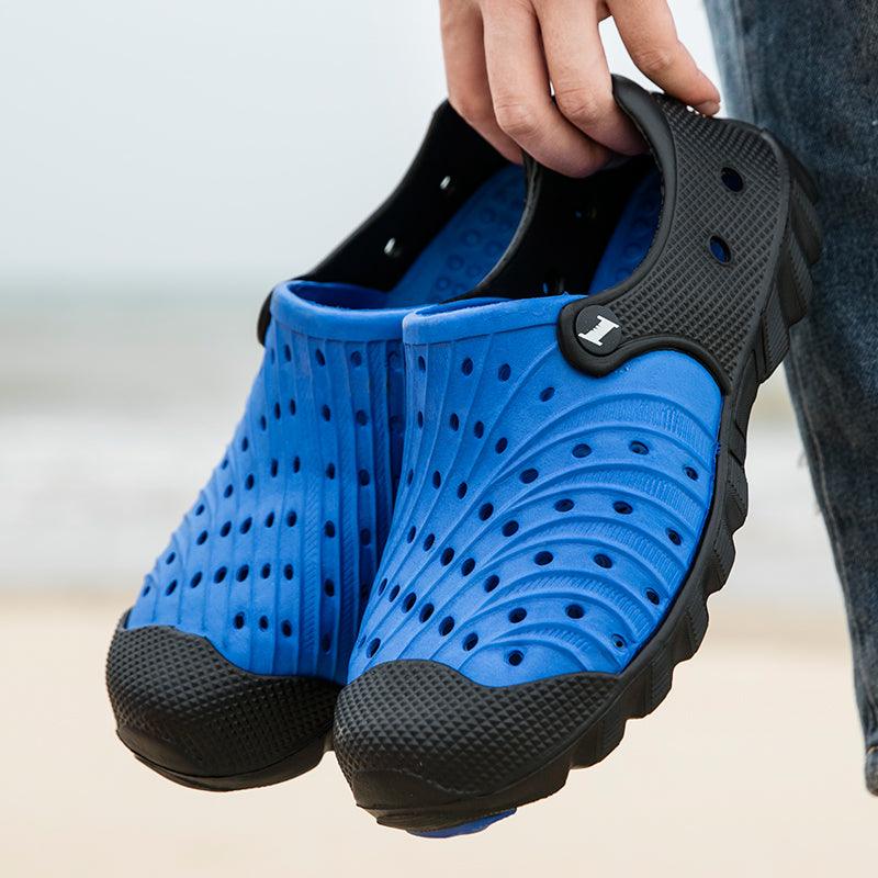 Stevvex blue rubber sandals with black toe caps, breathable quick-dry garden beach slippers on Tampa Home & Garden Store