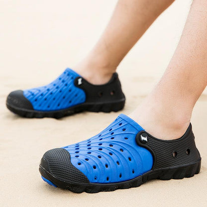 Stevvex blue outdoor men sandals pair with black heel and breathable perforated upper on Tampa Home & Garden Store