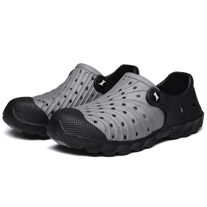 Stevvex outdoor men sandals pair gray perforated clogs with black toe cap, breathable quick-dry on Tampa Home & Garden Store