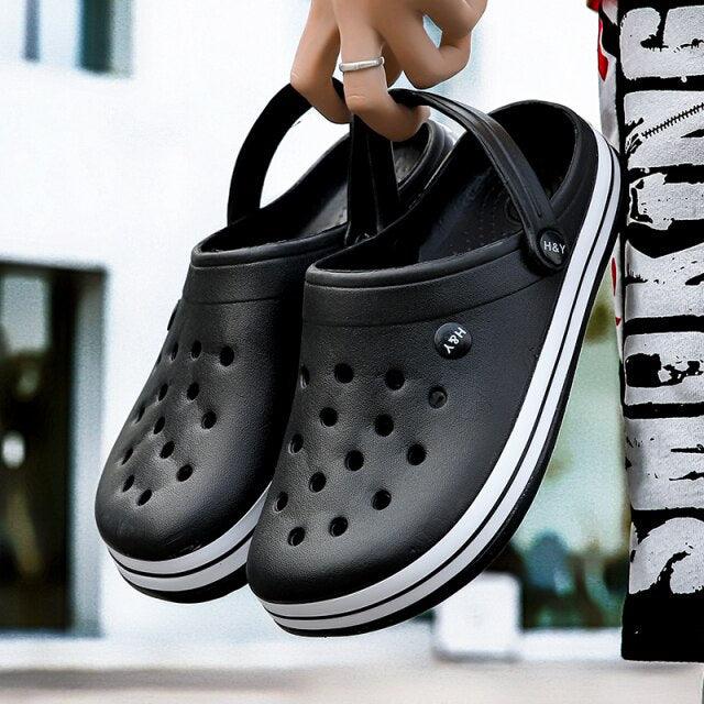 Outdoor Mens Sandals Clogs Stevvex black rubber perforated quick-dry garden slippers pair on Tampa Home & Garden Store