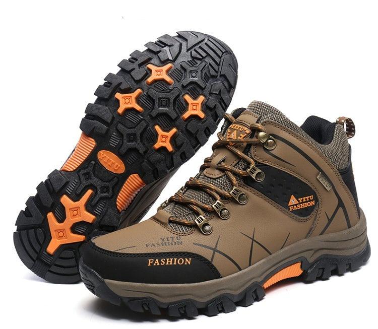 Stevvex men's hiking boots brown-black pair with orange outsole lugs water-resistant non-slip on Tampa Home & Garden Store