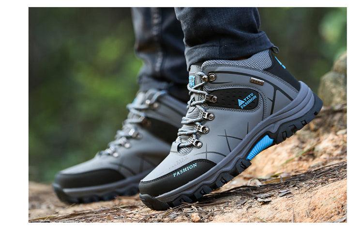 Stevvex outdoor hiking boots with gray/black upper and blue accents, rugged non-slip outsole on Tampa Home & Garden Store