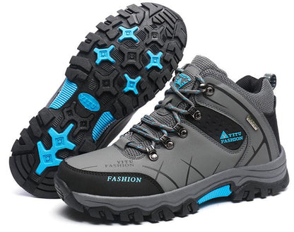 Stevvex hiking boots gray/black with blue accents, rugged non-slip outsole, water resistant on Tampa Home & Garden Store