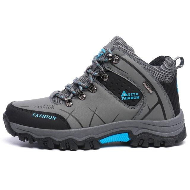 Stevvex winter hiking boot gray water-resistant with blue accents and rugged lug sole on Tampa Home & Garden Store