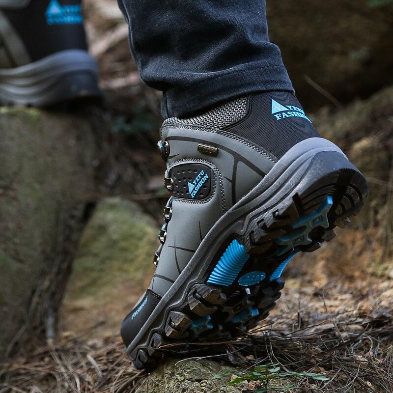 Stevvex outdoor hiking boots gray/black with rugged tread and blue accents on Tampa Home & Garden Store