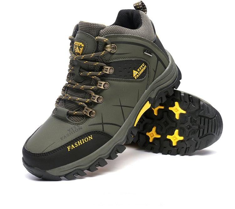 Stevvex outdoor hiking boots olive green with rugged black lug sole and yellow accents on the sides on Tampa Home & Garden Store