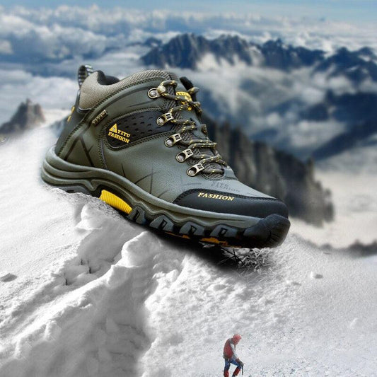 Stevvex outdoor snow boots, grey-green leather, yellow accents, rugged non-slip outsole on Tampa Home & Garden Store