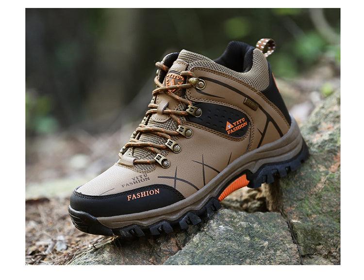 Stevvex men's outdoor non-slip snow hiking boot tan with black toe cap and rugged tread outsole on Tampa Home & Garden Store