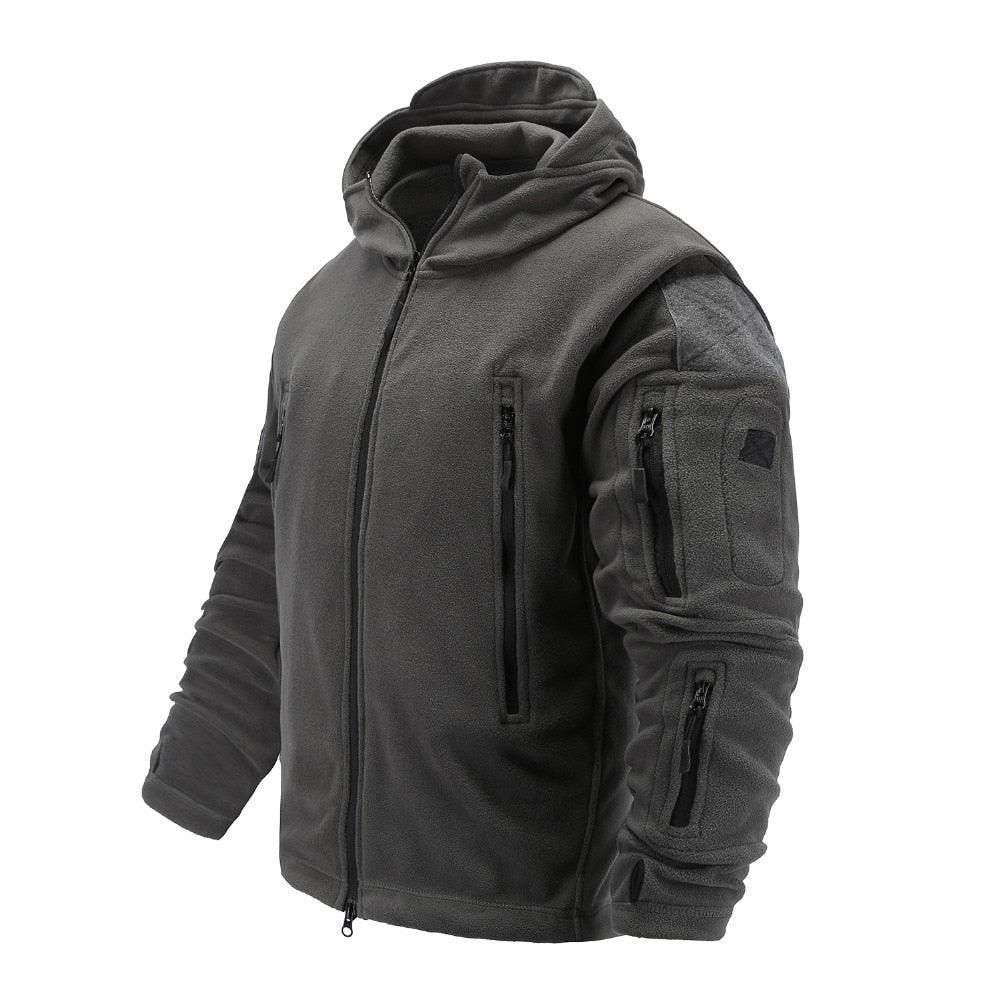 Stevvex hooded tactical fleece jacket charcoal gray with zip pockets on chest and sleeves on Tampa Home & Garden Store
