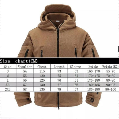 Stevvex outdoor tactical fleece jacket with hood in tan, zip front, chest zip pockets on Tampa Home & Garden Store