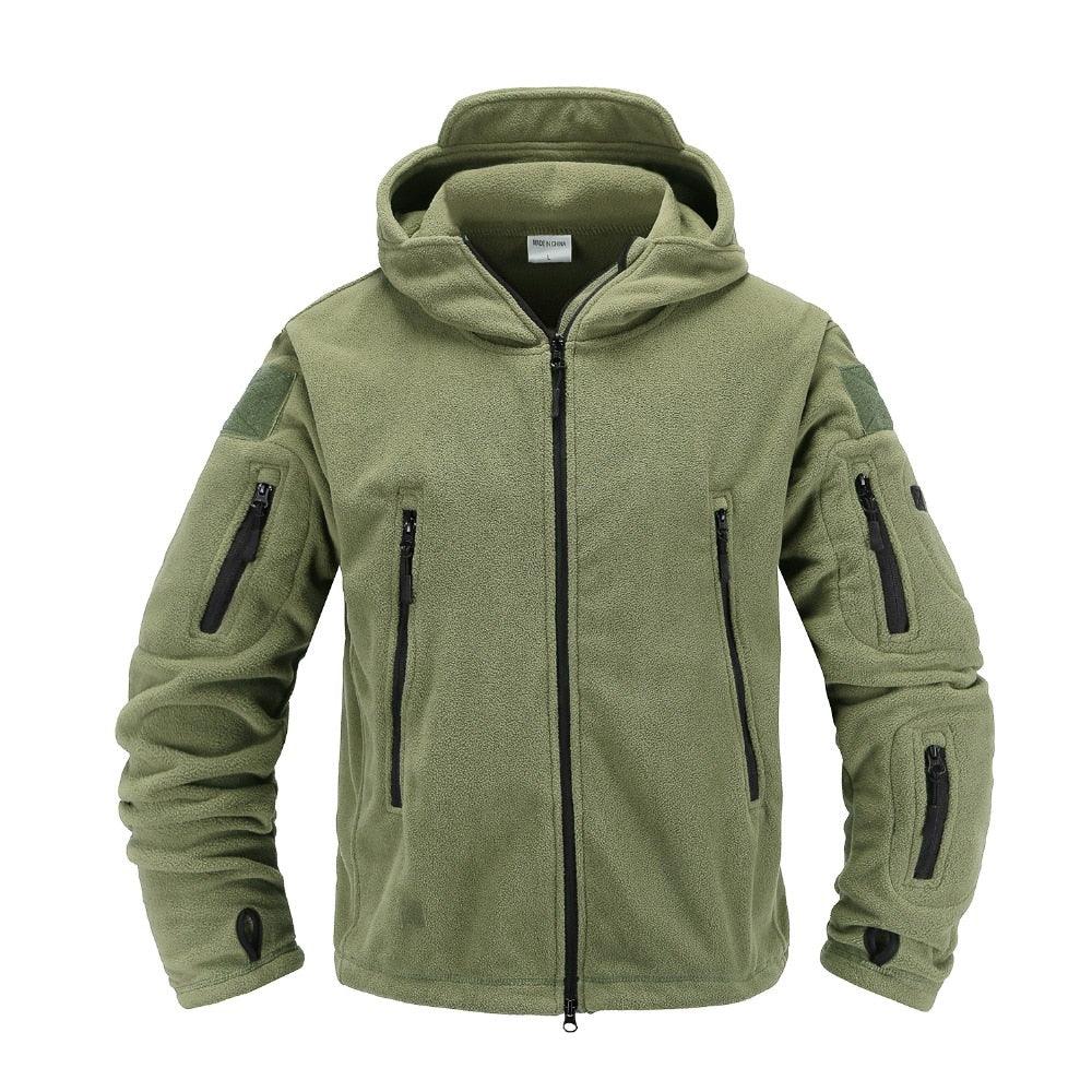 Outdoor Tactical Fleece Jacket olive green by Stevvex with hood and zip pockets on Tampa Home & Garden Store