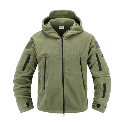 Outdoor Tactical Fleece Jacket olive green by Stevvex with hood and zip pockets on Tampa Home & Garden Store