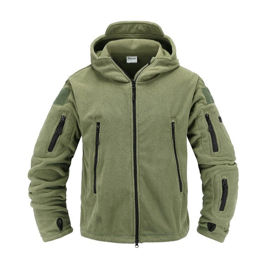 Outdoor Tactical Fleece Jacket olive green by Stevvex with hood and zip pockets on Tampa Home & Garden Store