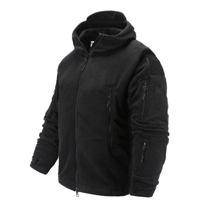 Stevvex outdoor fleece jacket black hooded with zip pockets on Tampa Home & Garden Store