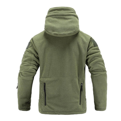 Olive green outdoor tactical fleece jacket with hood and two front zip pockets on Tampa Home & Garden Store