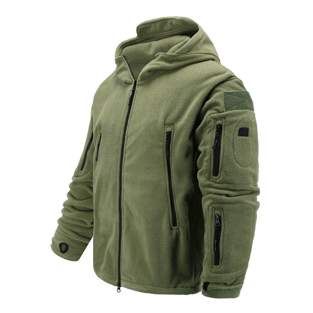 Stevvex outdoor tactical fleece jacket olive green hooded with multiple zip pockets on Tampa Home & Garden Store