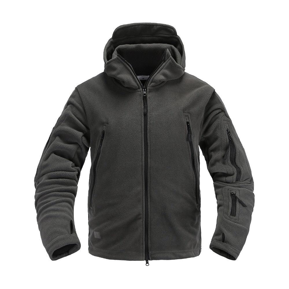 Stevvex outdoor tactical fleece jacket with hood in dark gray, zip front with multiple zip pockets on Tampa Home & Garden Store