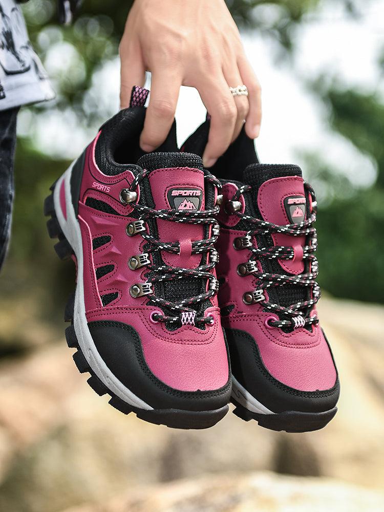 Stevvex pink waterproof hiking boots with black toe cap and rugged sole lace-up non-slip footwear on Tampa Home & Garden Store
