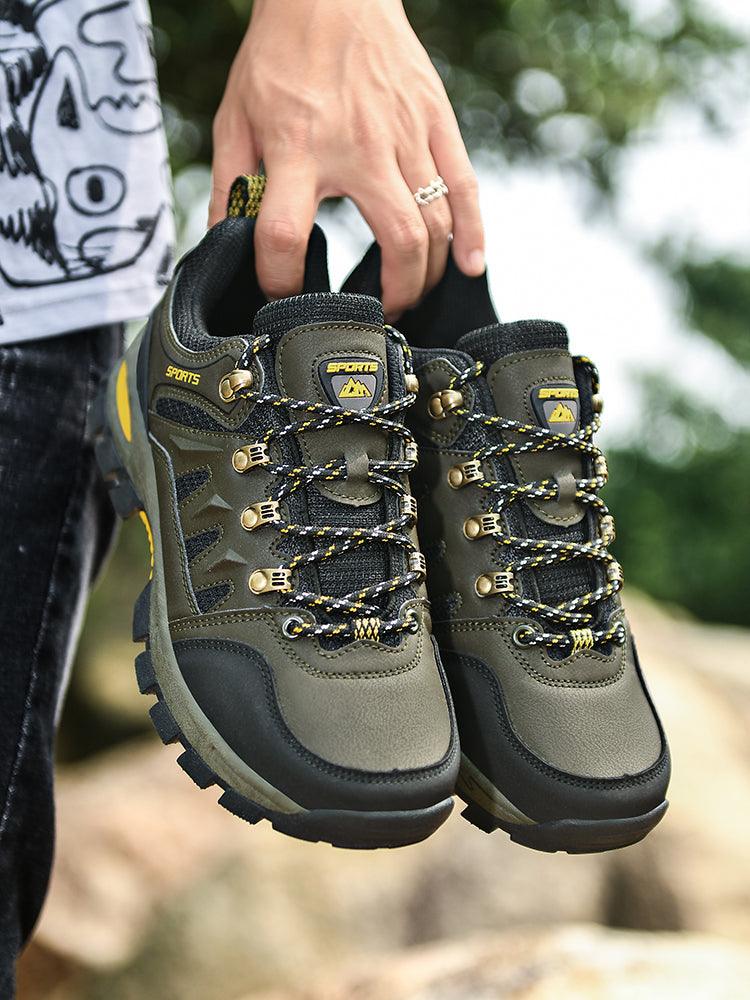 Stevvex waterproof hiking boots pair with olive-green upper and outsole yellow-black laces on Tampa Home & Garden Store