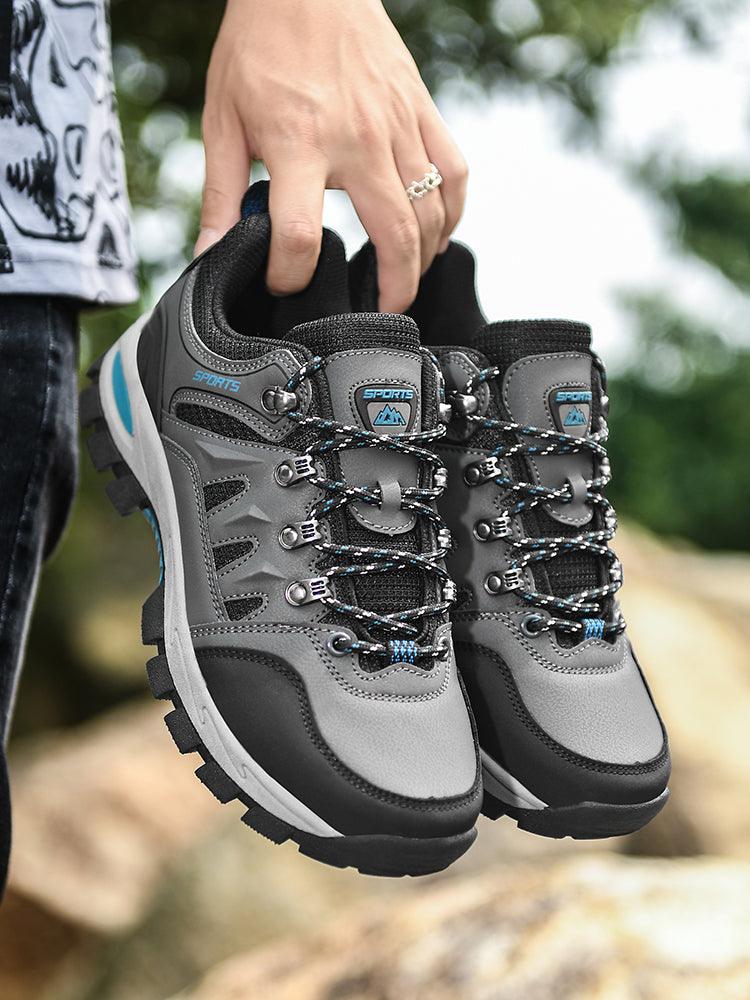 Stevvex hiking boots pair in gray and black with blue accents waterproof on Tampa Home & Garden Store