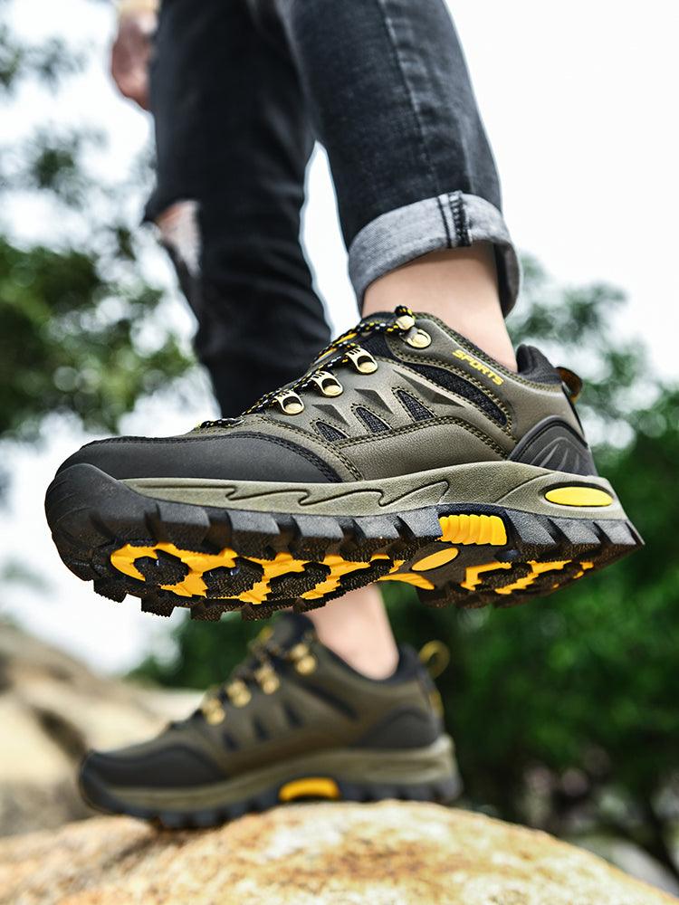 Stevvex men's outdoor waterproof hiking boots olive/khaki with black accents and rugged outsole on Tampa Home & Garden Store