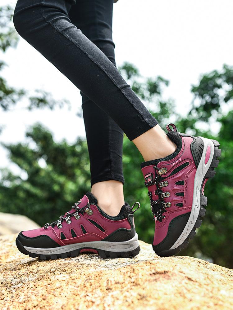 Stevvex pair of men's waterproof hiking boots burgundy on rocky trail on Tampa Home & Garden Store