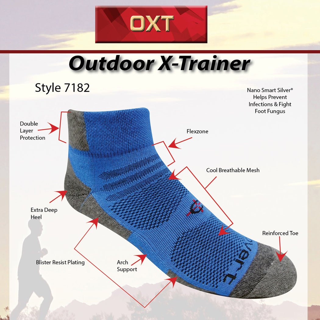 Outdoor X-Trainer blue athletic sock with grey toe and heel, arch support on OXT branding on Tampa Home & Garden Store