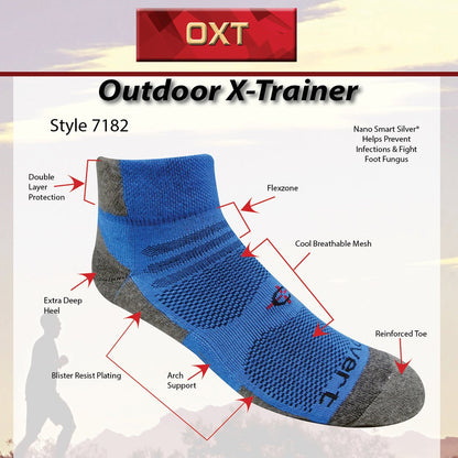 Outdoor X-Trainer blue athletic sock with grey toe and heel, arch support on OXT branding on Tampa Home & Garden Store