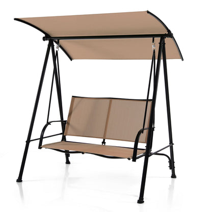 Columpio de exterior con dos asientos y dosel, asiento de tela cómoda y estructura de metal resistente - Marrón