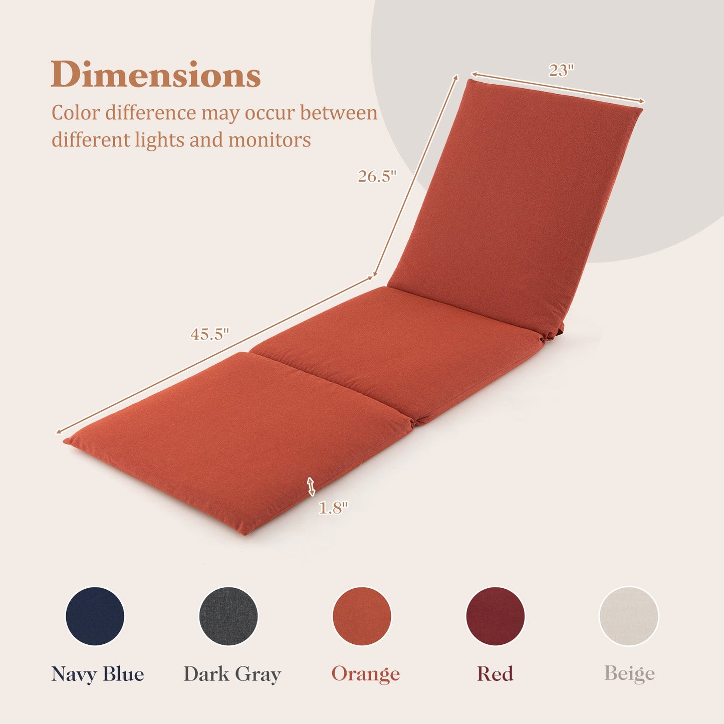 Outdoor Chaise Lounge Cushion Patio Furniture Folding Pad with Fixing Straps-Navy