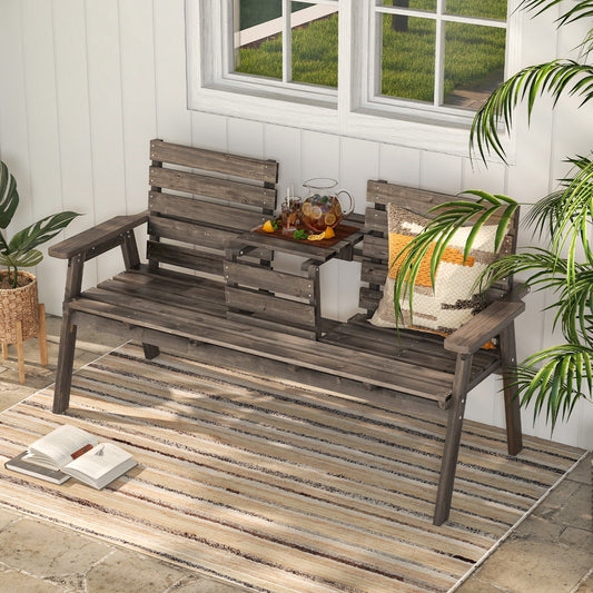 Outdoor Fir Wood Bench with Foldable Middle Table-Gray - Tampa Home & Garden Store