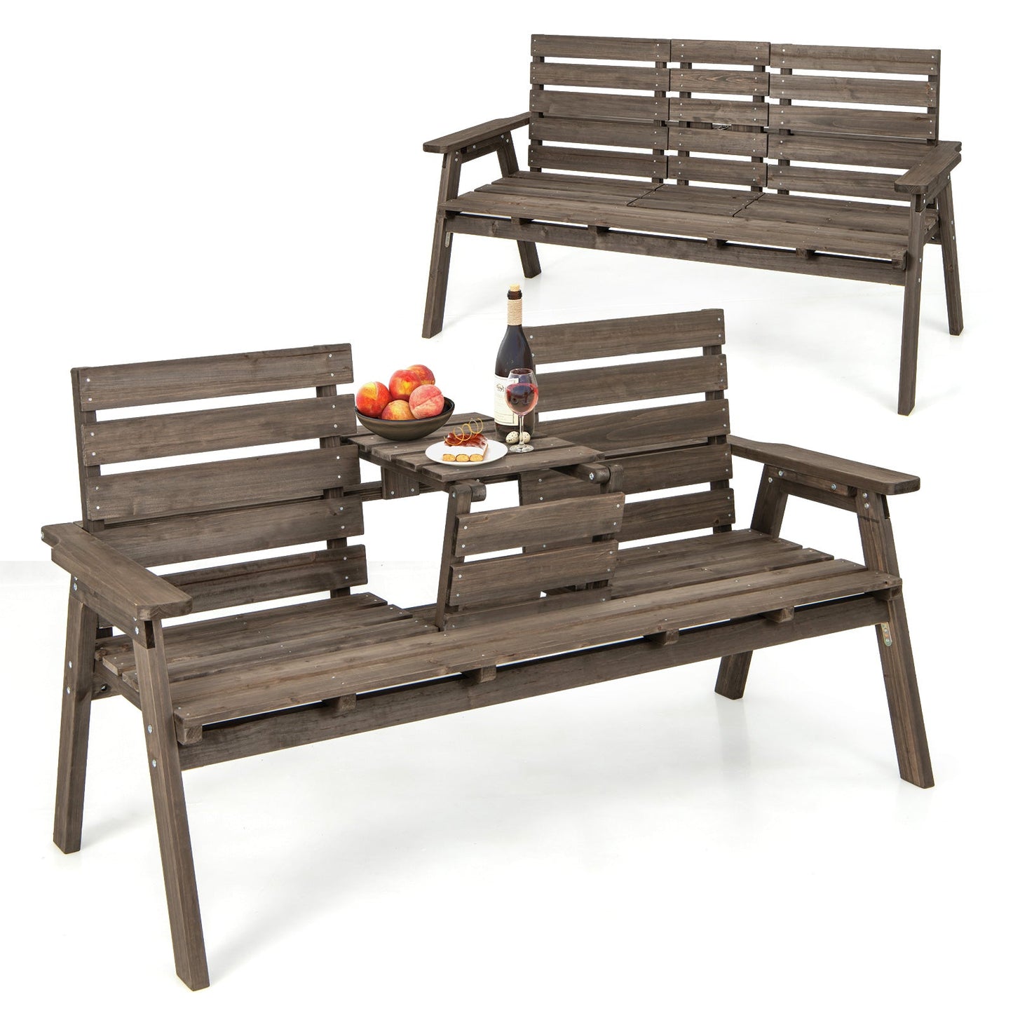 Banco de madera de abeto para exteriores con mesa central plegable - Gris