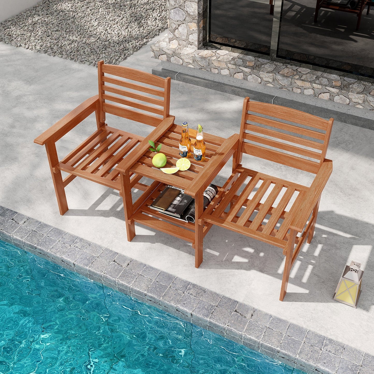 Juego de conversación de madera para patio exterior de 2 asientos con mesa de centro y agujero para sombrilla