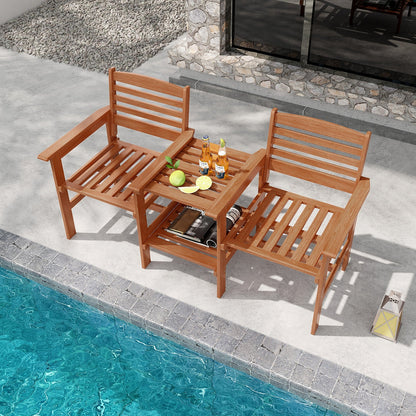 Juego de conversación de madera para patio exterior de 2 asientos con mesa de centro y agujero para sombrilla