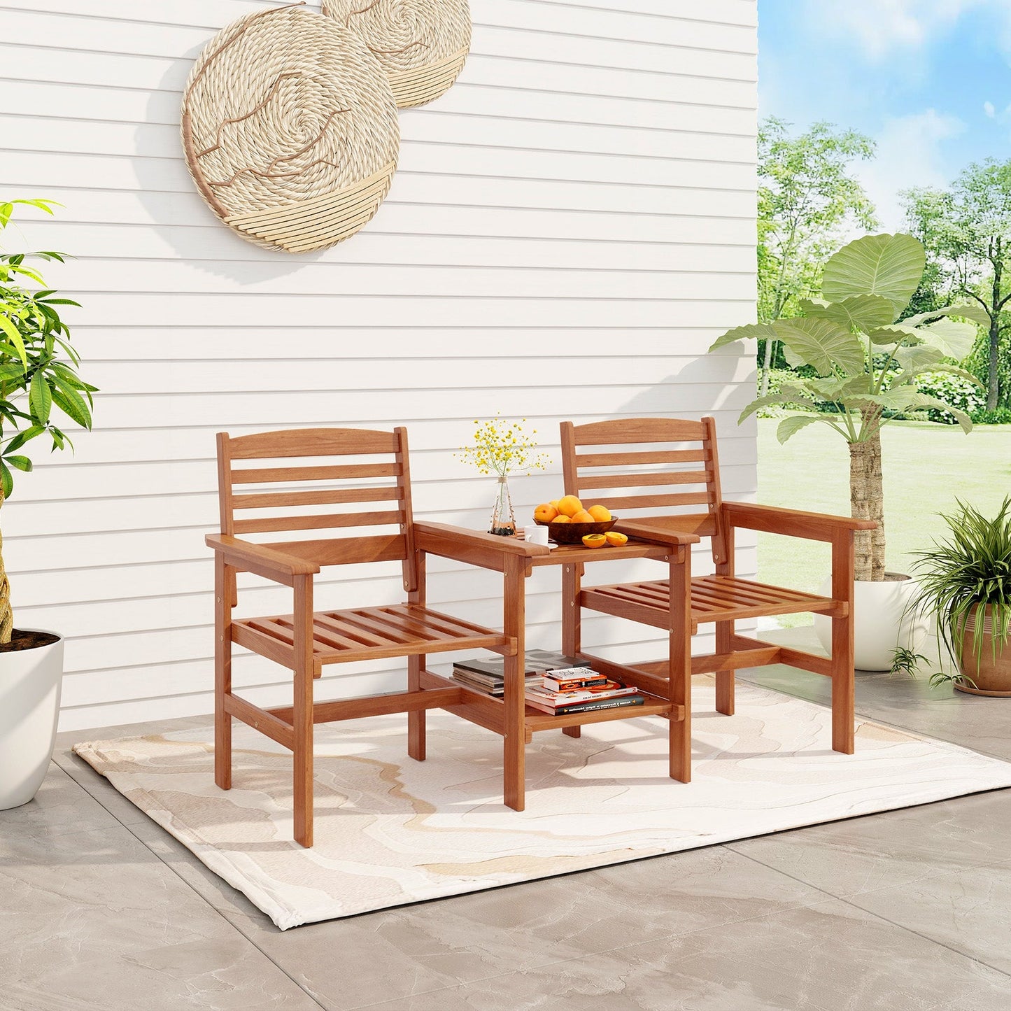 Juego de conversación de madera para patio exterior de 2 asientos con mesa de centro y agujero para sombrilla