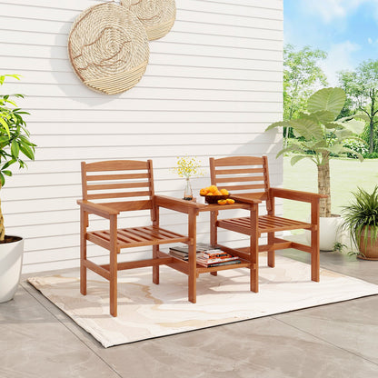 Juego de conversación de madera para patio exterior de 2 asientos con mesa de centro y agujero para sombrilla