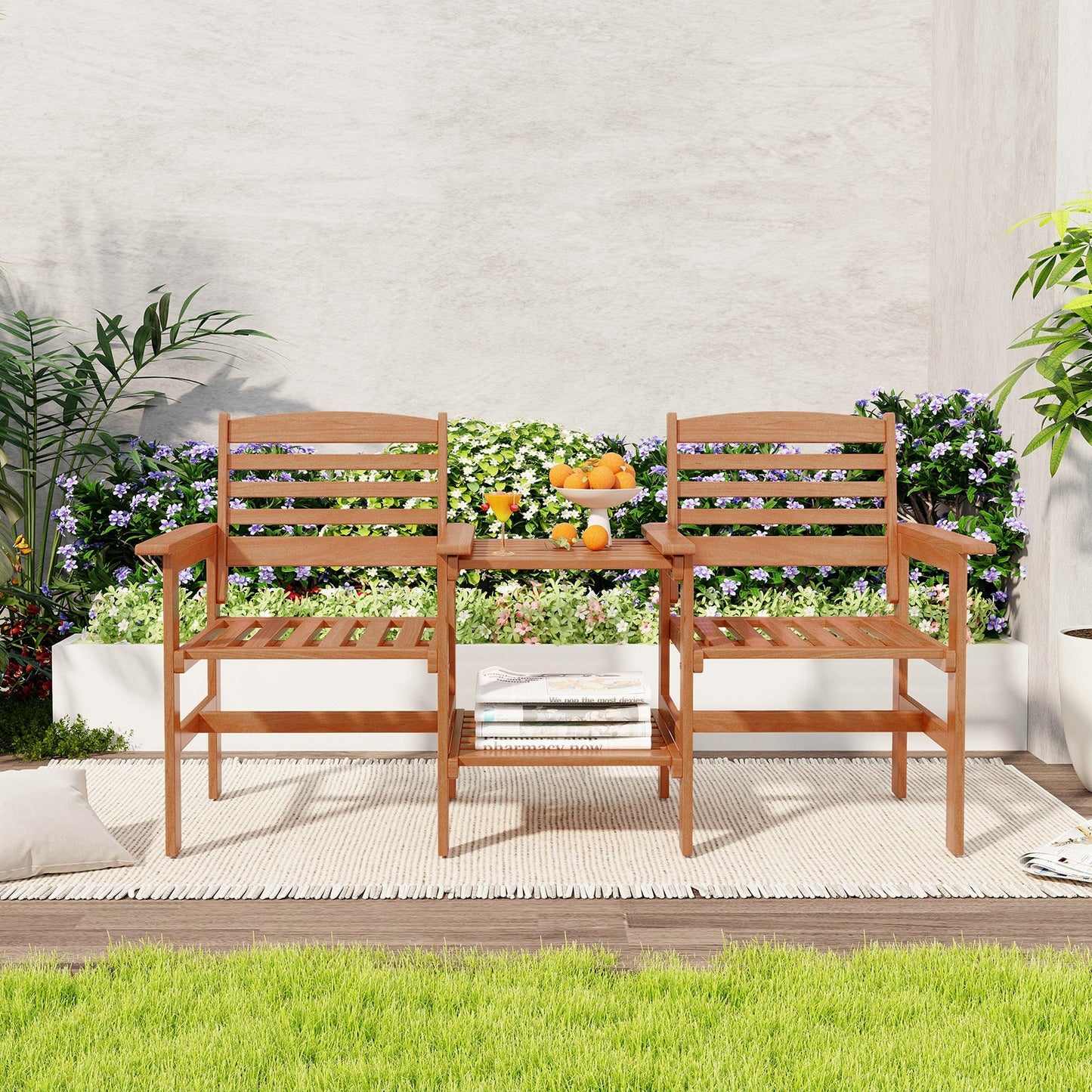 Juego de conversación de madera para patio exterior de 2 asientos con mesa de centro y agujero para sombrilla
