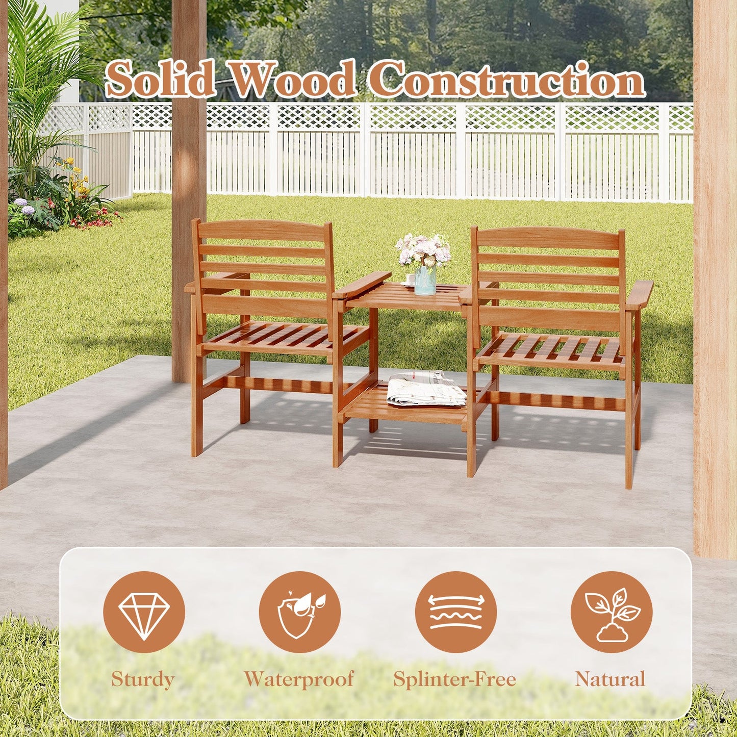Juego de conversación de madera para patio exterior de 2 asientos con mesa de centro y agujero para sombrilla