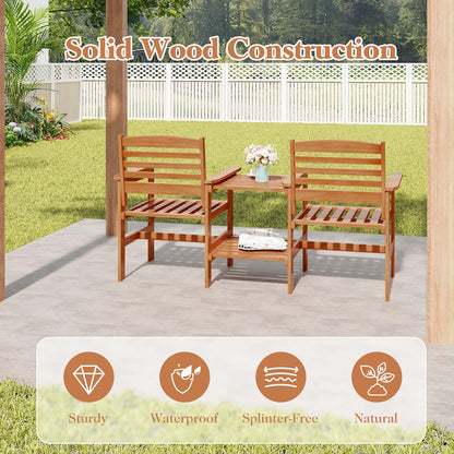 Juego de conversación de madera para patio exterior de 2 asientos con mesa de centro y agujero para sombrilla